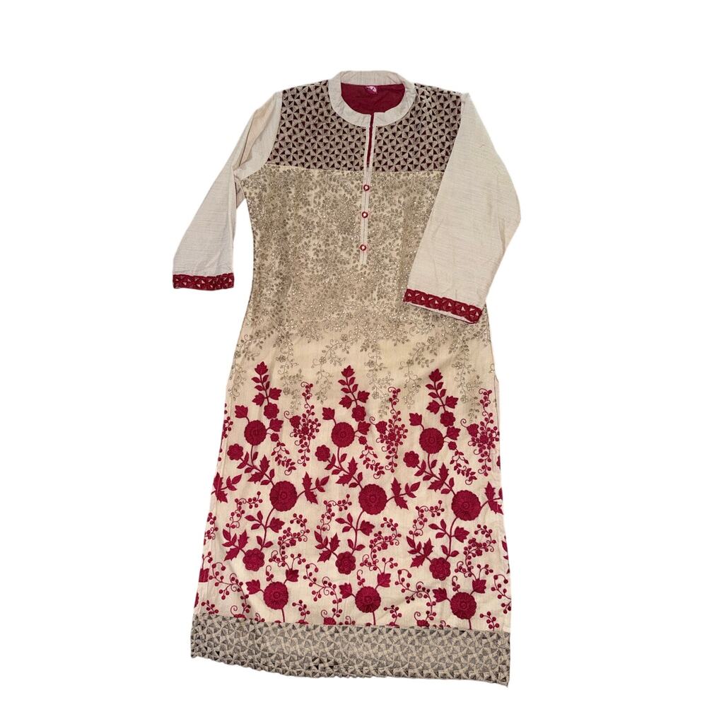 Tan gold red embellished long tunic XL roses kameez Indian Pakistani traditional
